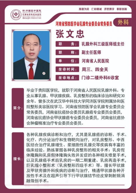 【高新区甲乳外科名医推荐】郑州西区中医院副主任医师——张文忠。
